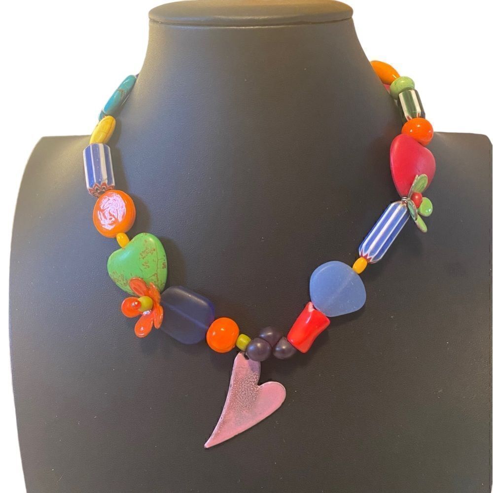 One of a kind colorful & fun sea glass, gemstone, & enamel beaded checker.